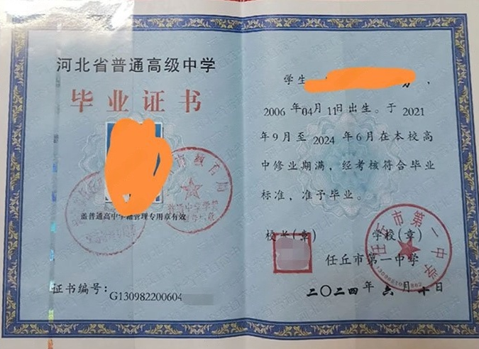 巴中任丘市第一中学高中毕业证样本图片